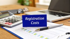 Company registration costs in Australia with calculator, laptop and financial documents.